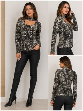 VENUS khaki cream keyhole high neck long sleeve leopard cheetah print top size M